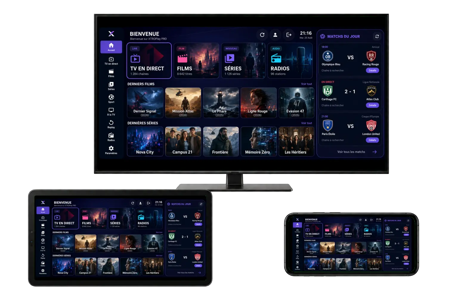 Complete XTROPlay Android interface on Smart TV, large tablet and landscape phone